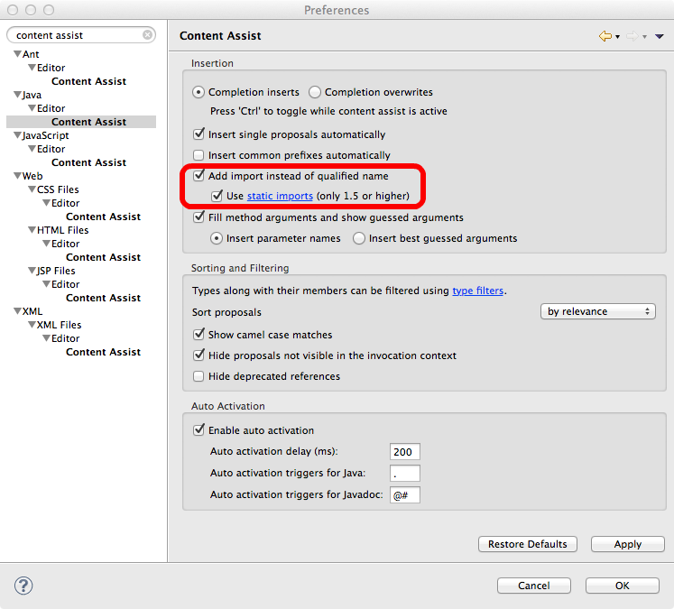 Eclipse Static imports Content Assists