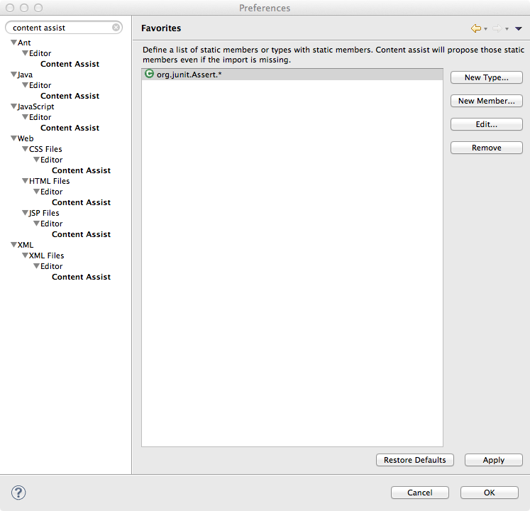 Eclipse Static imports Content Assists Favorites