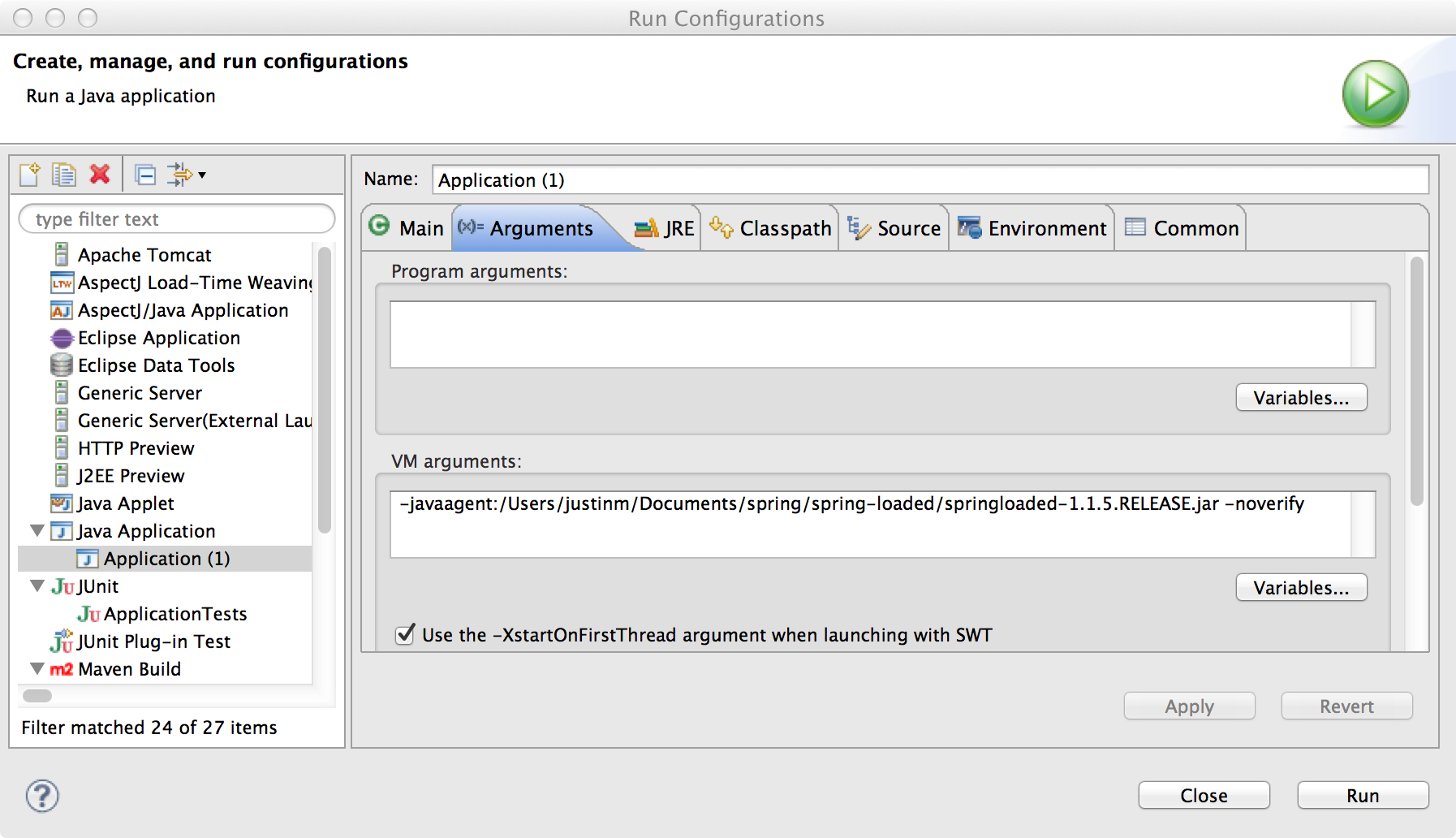 Spring loaded VM argument configuration